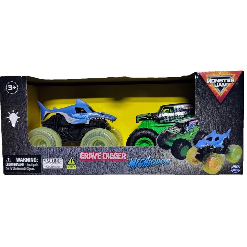 Monster Jam GRAVE DIGGER & MEGALODON 2pk Light-Up Glow In Dark Monster Trucks